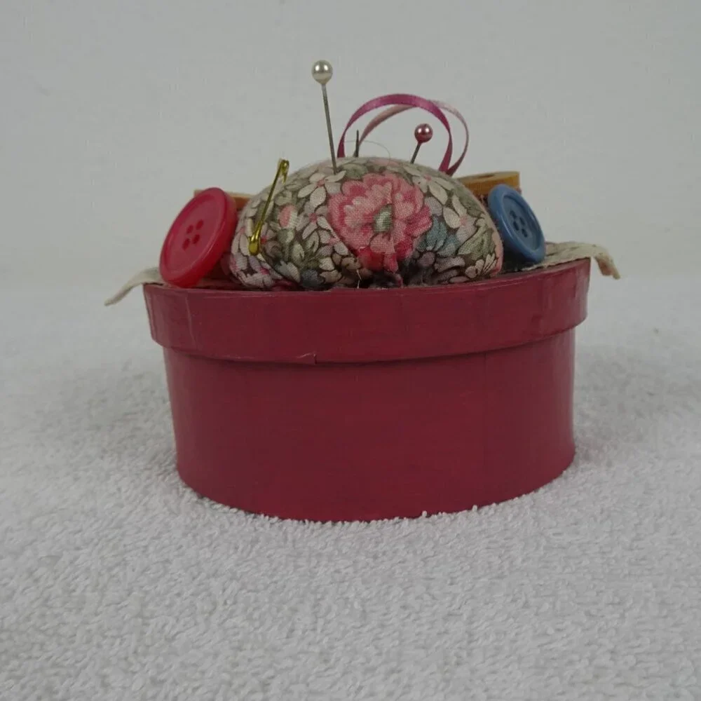 Vintage Sewing Box Pin Cushion Thread Button Organizer Storage 4 Inches Pink